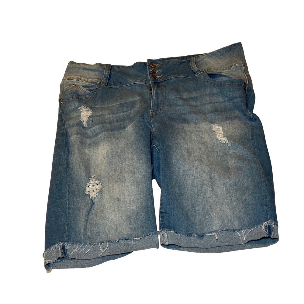 YMI Jeans USA Size 18 Distressed Denim Shorts Blue High Rise Triple Button